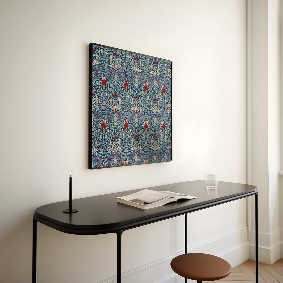 Framed art print of Snakeshead by William Morris, above a slim black console table