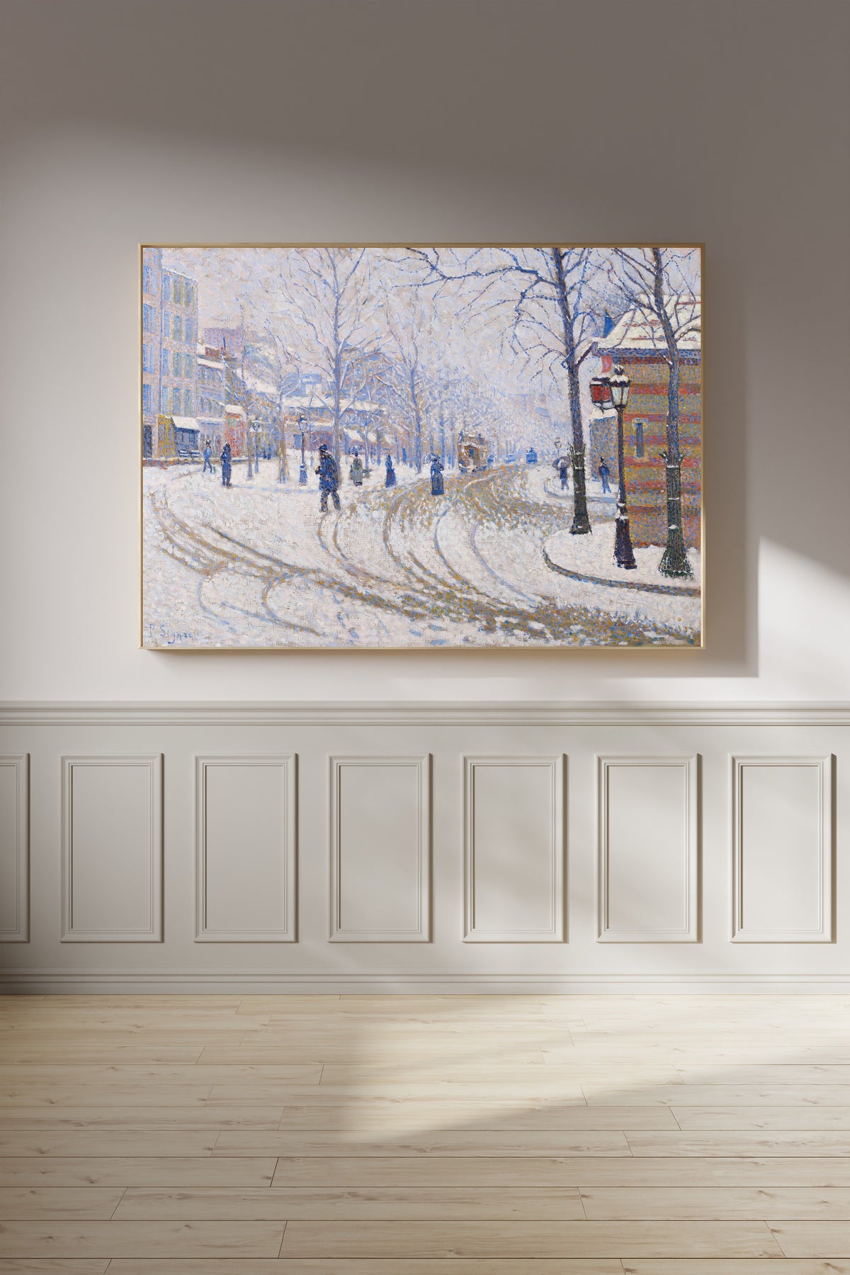 Framed art print of Snow, Boulevard de Clichy, Paris by Paul Signac, on a panelled wall in afternoon light