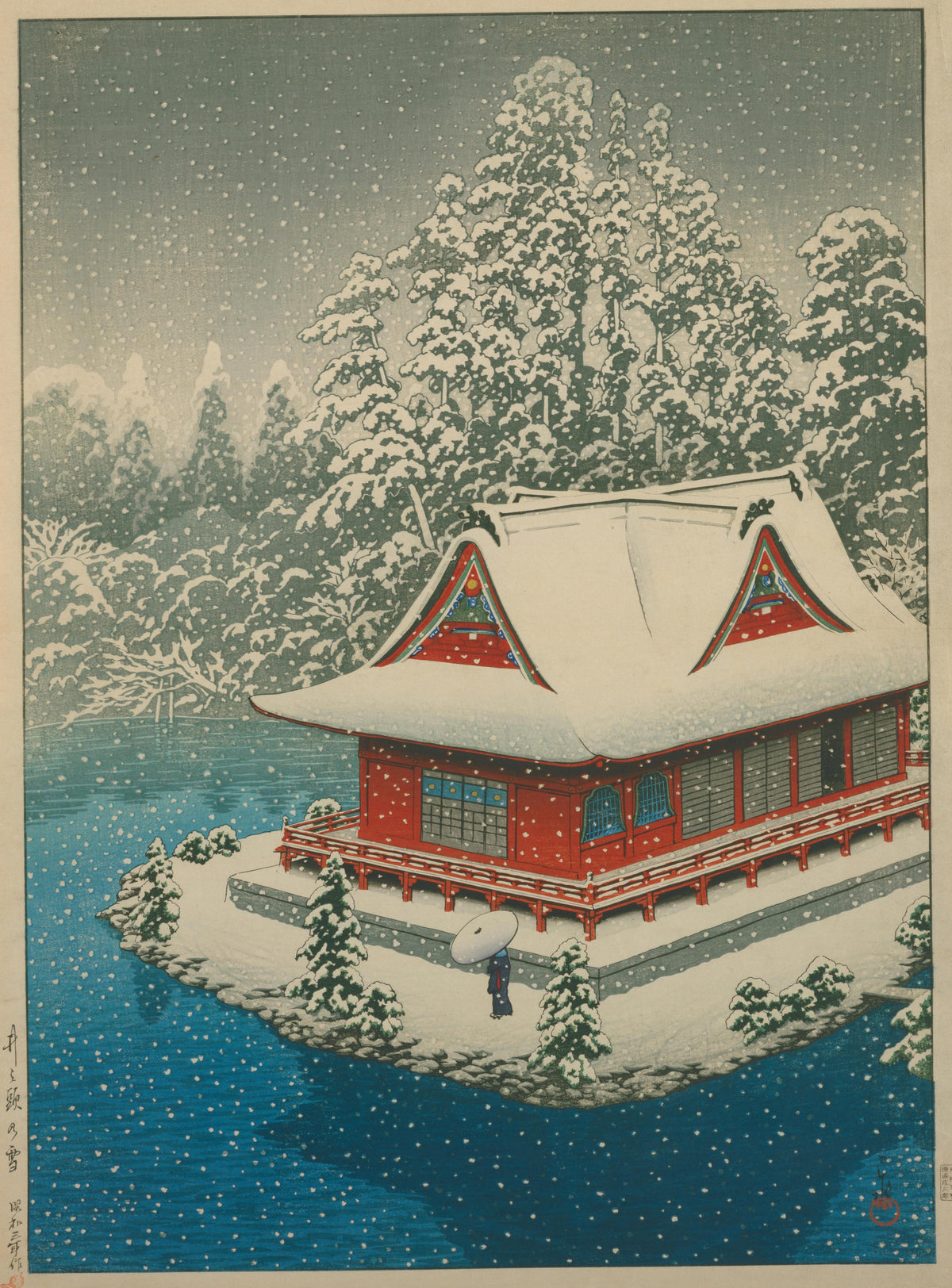 Snow at Inokashira by Kawase Hasui — A red hall on snowy ground, with flakes falling over blue water