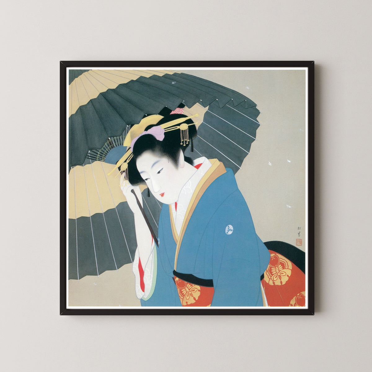 Snow by Uemura Shōen — shown framed on a wall