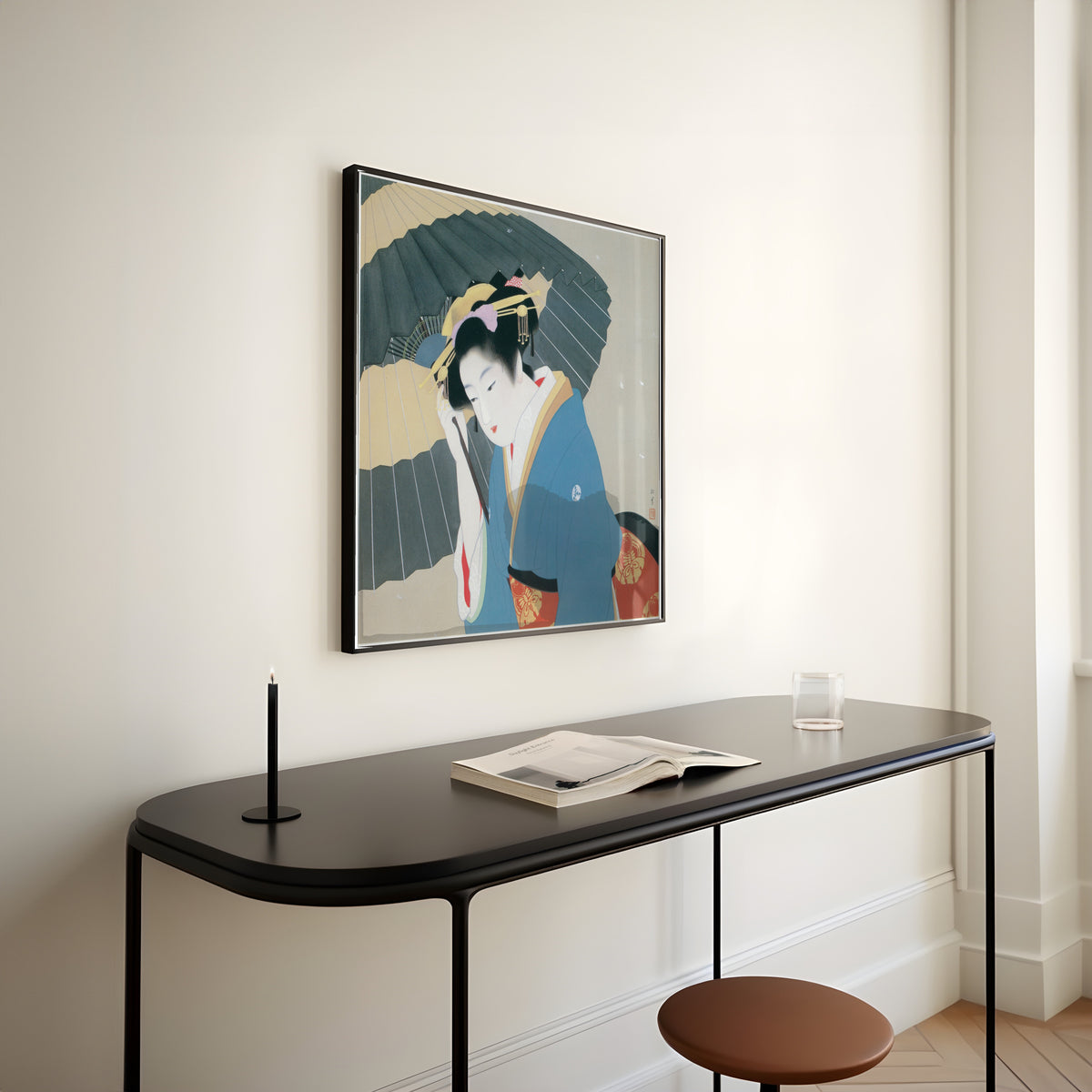 Snow by Uemura Shōen — shown framed on a wall