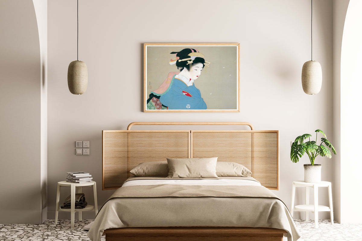 Snow in the Garden by Uemura Shōen — shown framed on a wall