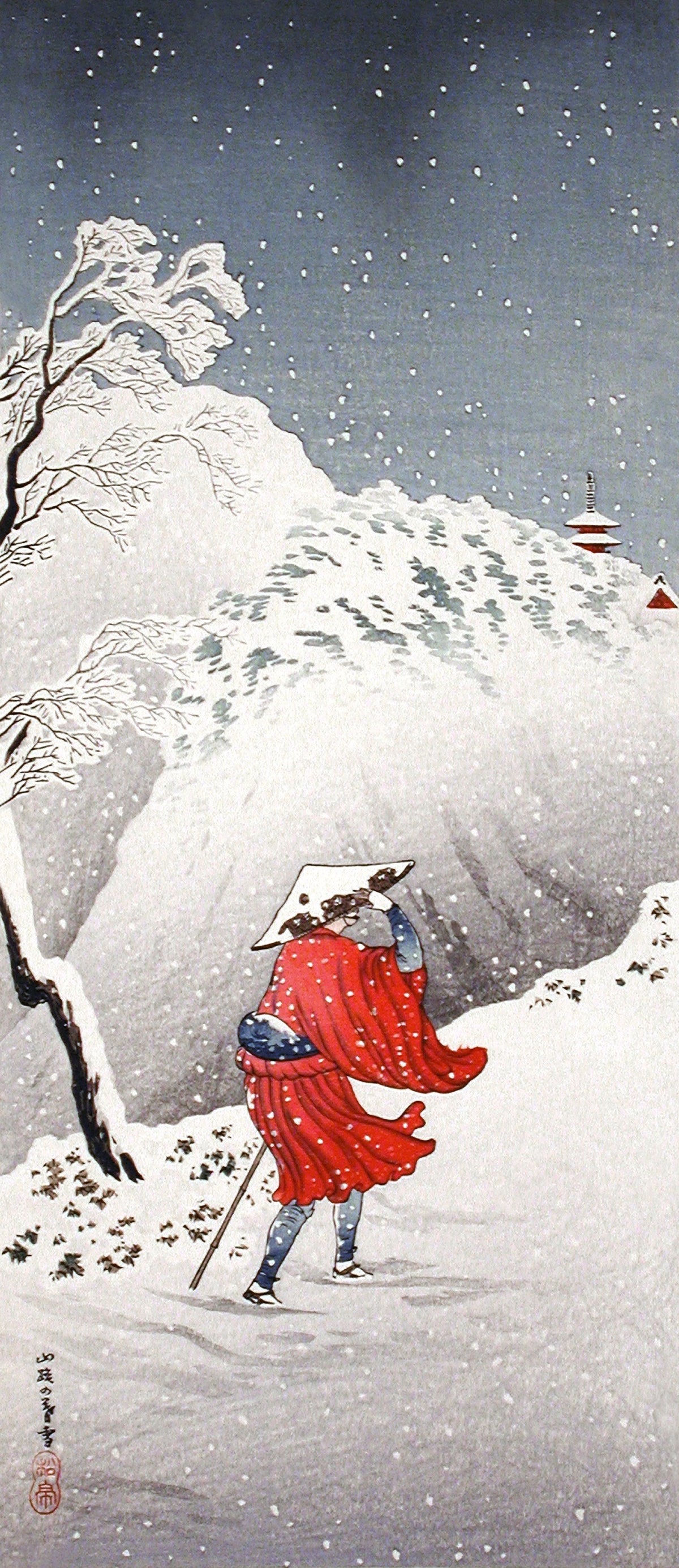 Takahashi Shotei — Snowy Evening on a Mountain Path | Japanese Woodblock Print (Shin Hanga)