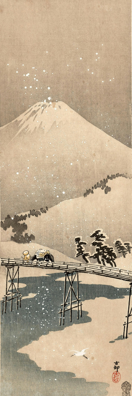 Snowy Landscape with Mount Fuji by Ohara Koson — Snow falls over Mount Fuji and a traveller on a trestle bridge