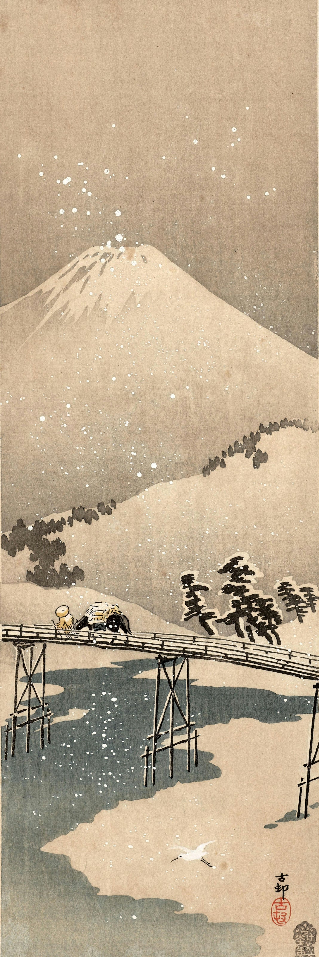 Snowy Landscape with Mount Fuji by Ohara Koson — Snow falls over Mount Fuji and a traveller on a trestle bridge