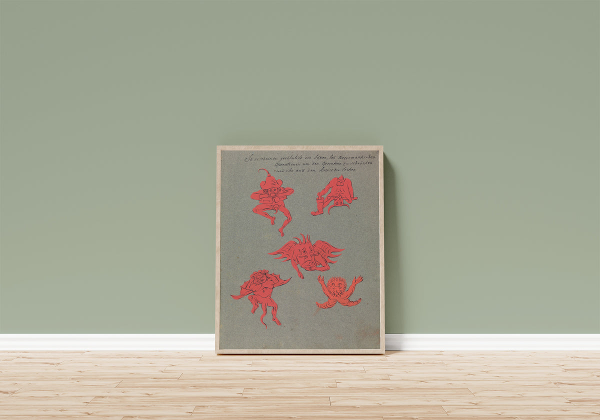 Framed art print of So erscheinen gewöhnlich die bösen, bei… by Unknown artist, in a light wood frame leaning on a sage green wall above a wooden floor
