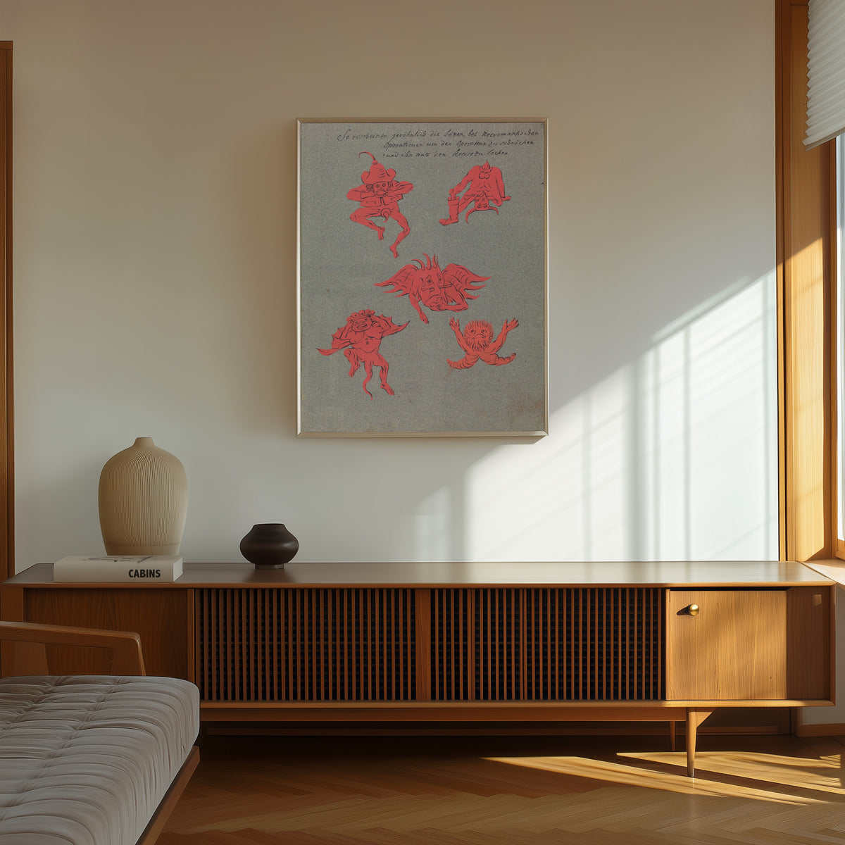Framed art print of So erscheinen gewöhnlich die bösen, bei Necromantischen… by Unknown artist, in a thin light frame on a sunlit wall above a wooden sideboard