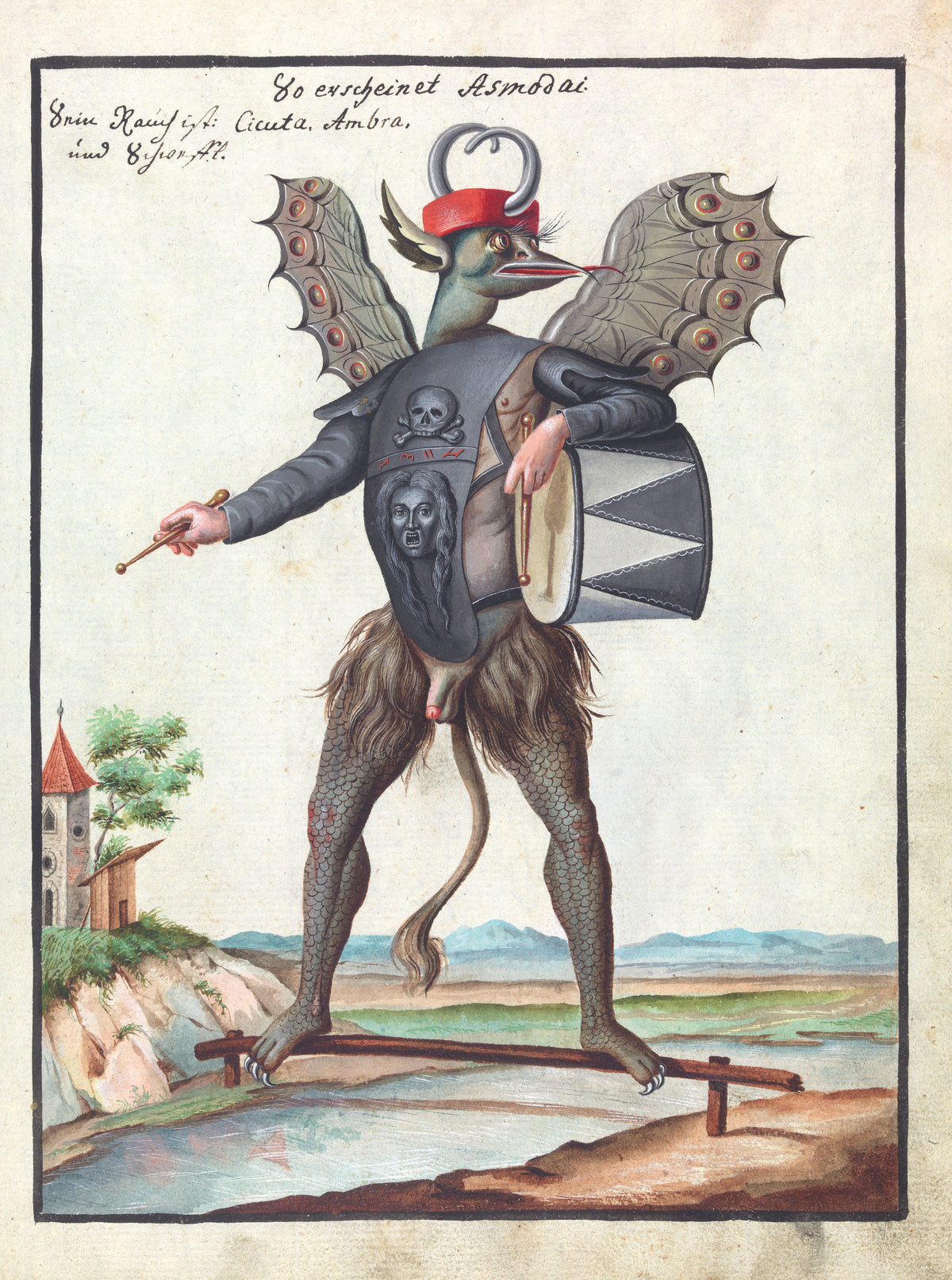 So erscheinet Asmodai (Crowned, with a Drum) by Unknown artist — A bird-headed demon with moth wings beats a drum on a plank bridge