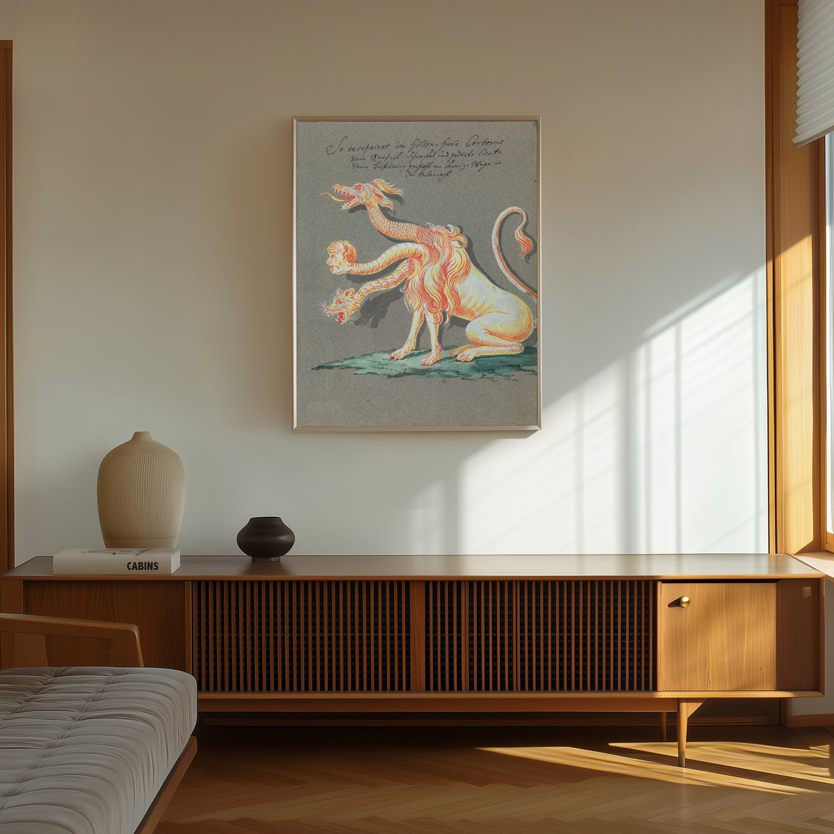 Framed art print of So erscheinet der Höllen-Hund Cerberus by Unknown artist, in a thin light frame on a sunlit wall above a wooden sideboard