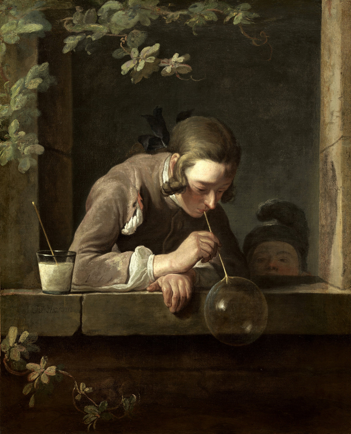 Soap Bubbles by Jean-Siméon Chardin — A young man at a window blows a bubble while a child watches