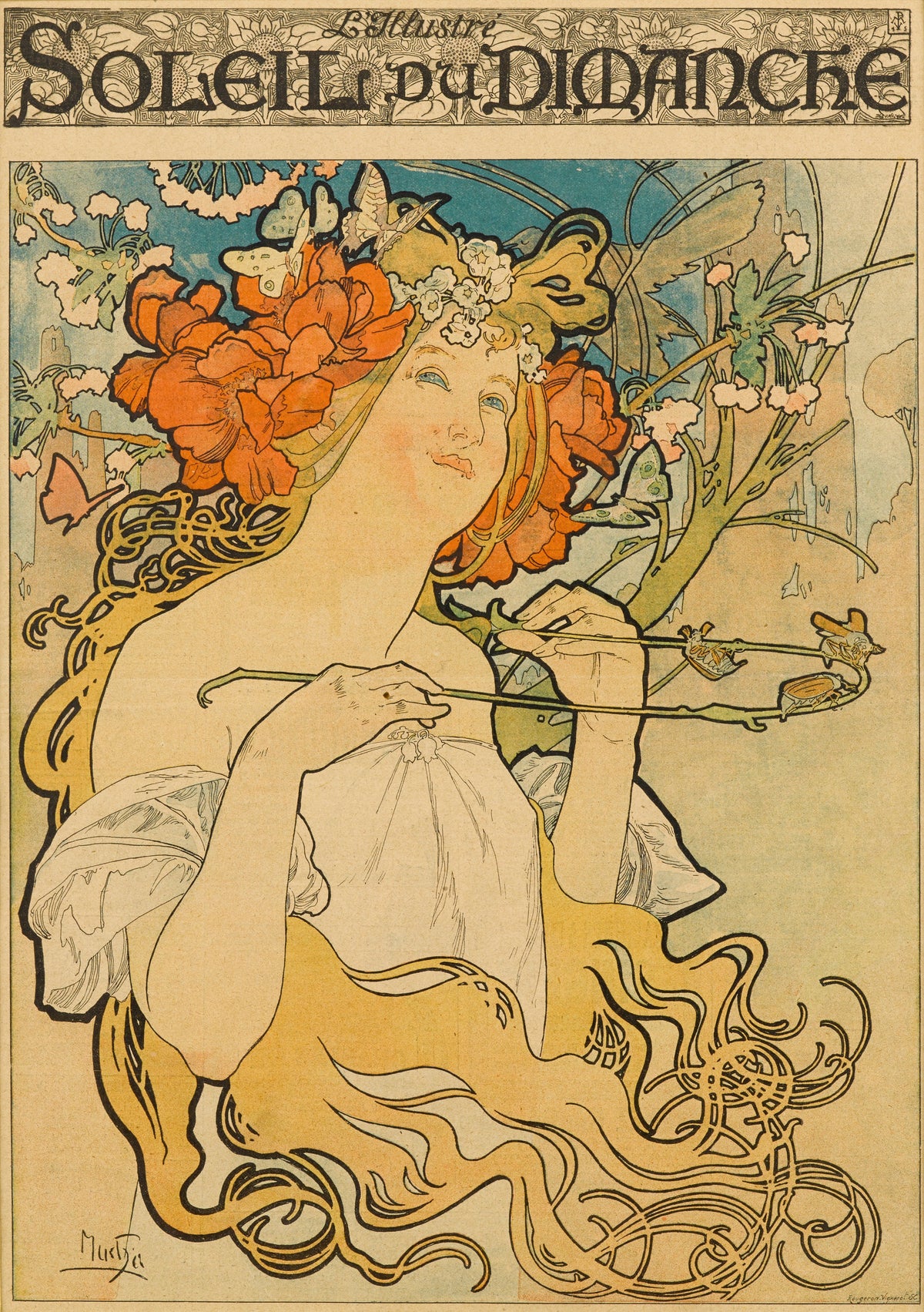 Soleil du Dimanche by Alphonse Mucha — A woman crowned with poppies lifts a slender branch of tiny creatures