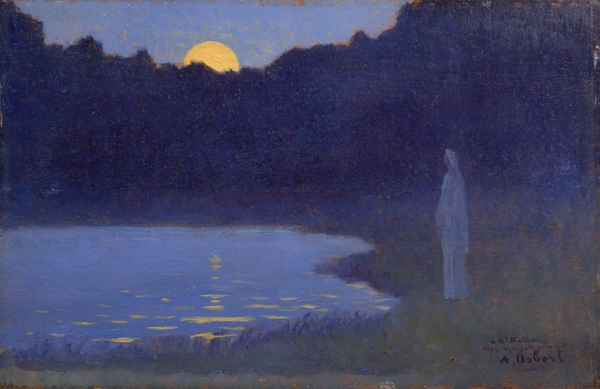 Solitude by Alphonse Osbert — A pale robed figure stands alone by a still lake under a yellow orb