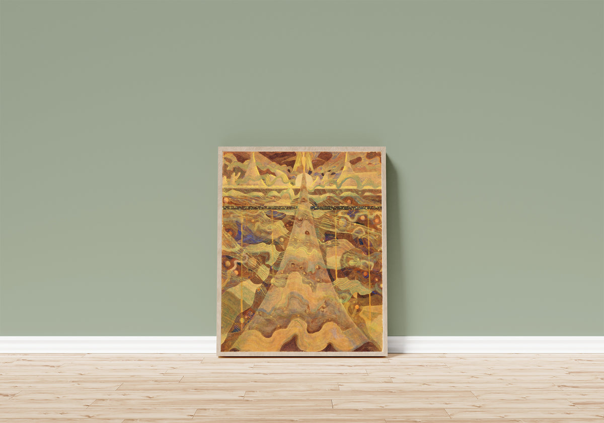 Framed art print of Sonata No. 6 (Sonata of the… by Mikalojus Konstantinas Čiurlionis, in a light wood frame leaning on a sage green wall above a wooden floor
