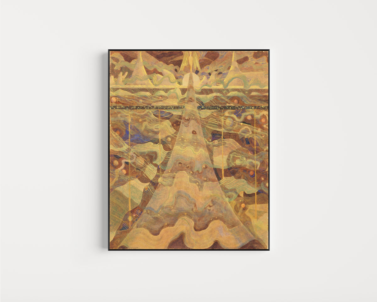 Framed art print of Sonata No. 6 (Sonata of the Stars). Allegro by Mikalojus Konstantinas Čiurlionis, in a slim black frame on a plain white wall