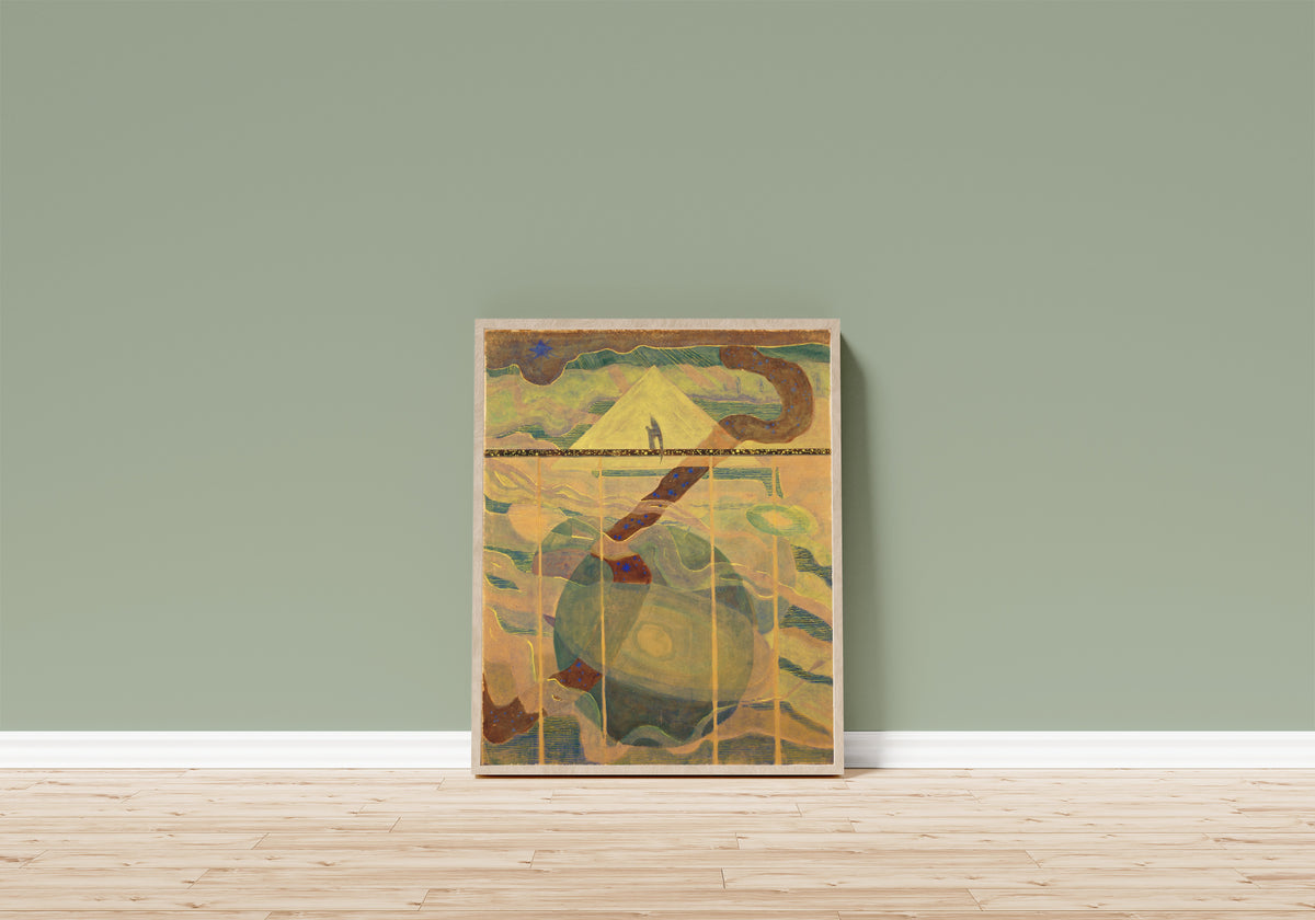 Framed art print of Sonata No. 6 (Sonata of the… by Mikalojus Konstantinas Čiurlionis, in a light wood frame leaning on a sage green wall above a wooden floor