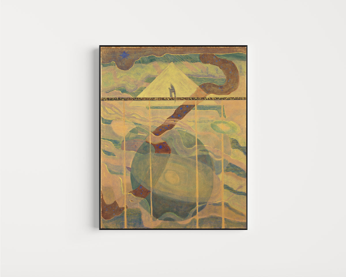Framed art print of Sonata No. 6 (Sonata of the Stars). Andante by Mikalojus Konstantinas Čiurlionis, in a slim black frame on a plain white wall