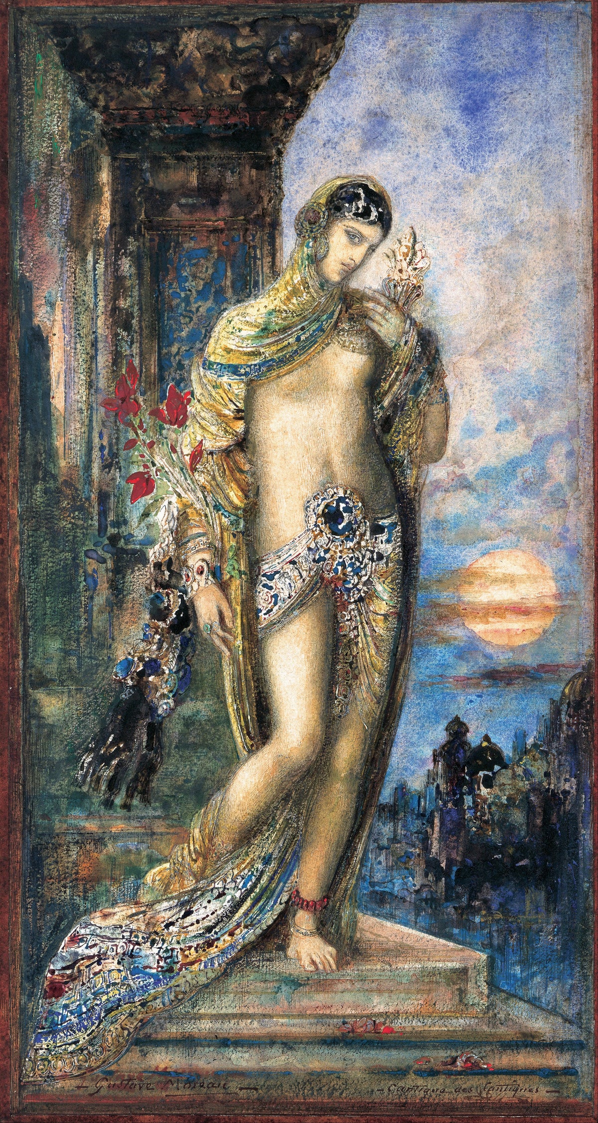 Song of Songs by Gustave Moreau — A jewelled woman in a gold shawl stands on a step by a domed city