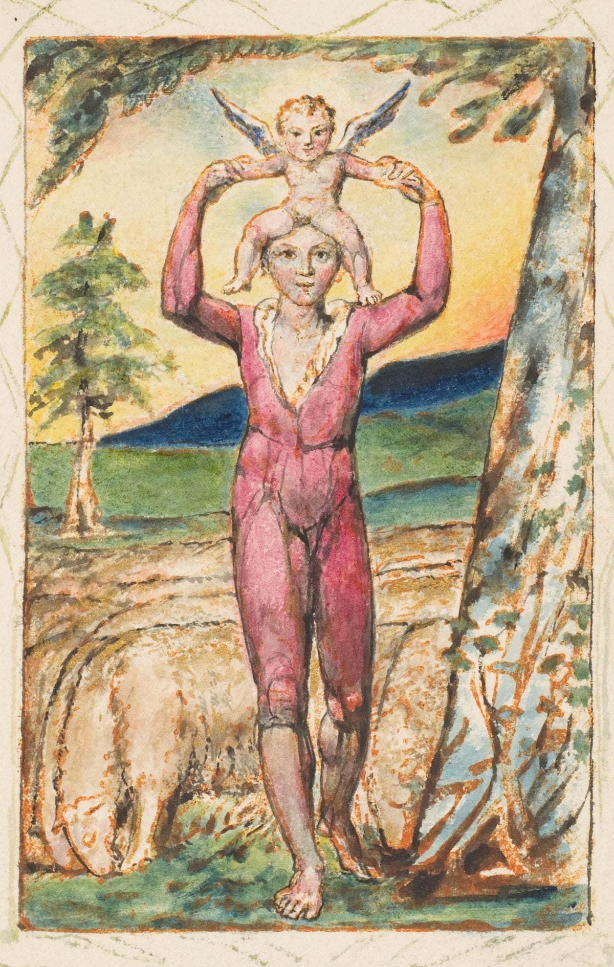Songs of Experience: Frontispiece by William Blake — A shepherd in pink carries a winged child on his shoulders