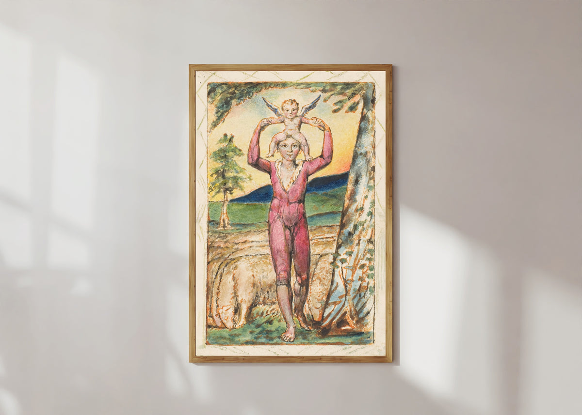 Framed art print of Songs of Experience: Frontispiece by William Blake, in a light wood frame on a sunlit white wall