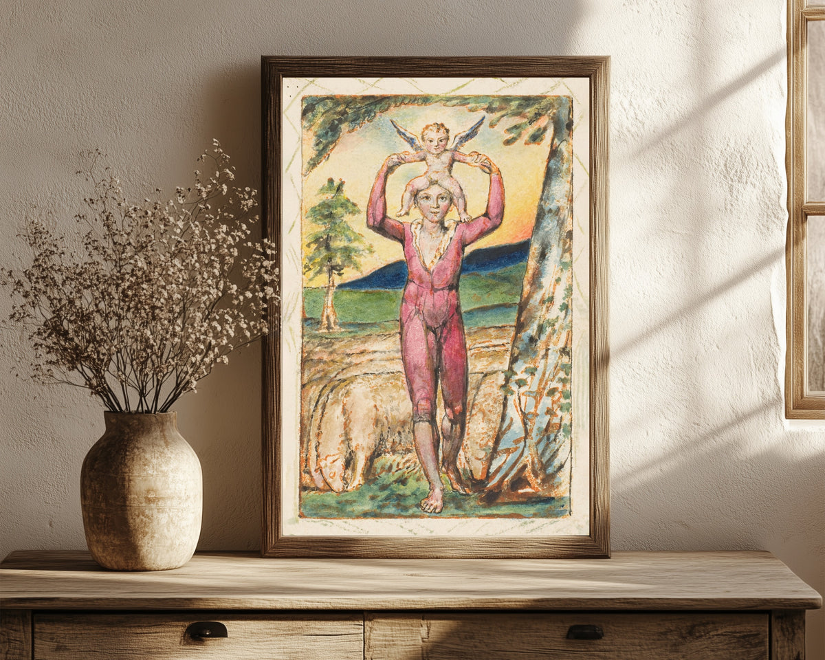 Framed art print of Songs of Experience: Frontispiece by William Blake, in a dark wood frame leaning on a rustic console beside dried flowers