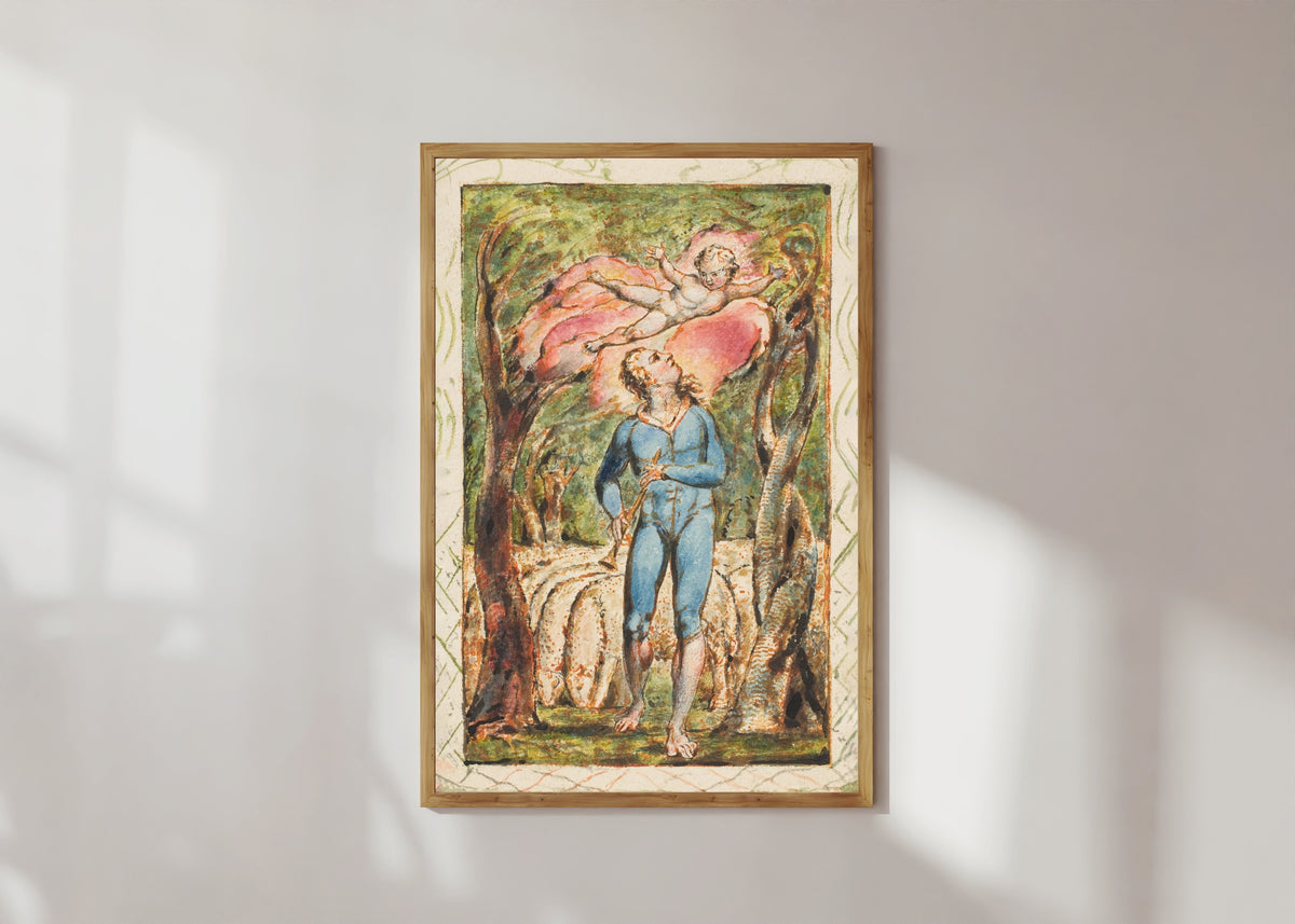 Framed art print of Songs of Innocence: Frontispiece by William Blake, in a light wood frame on a sunlit white wall