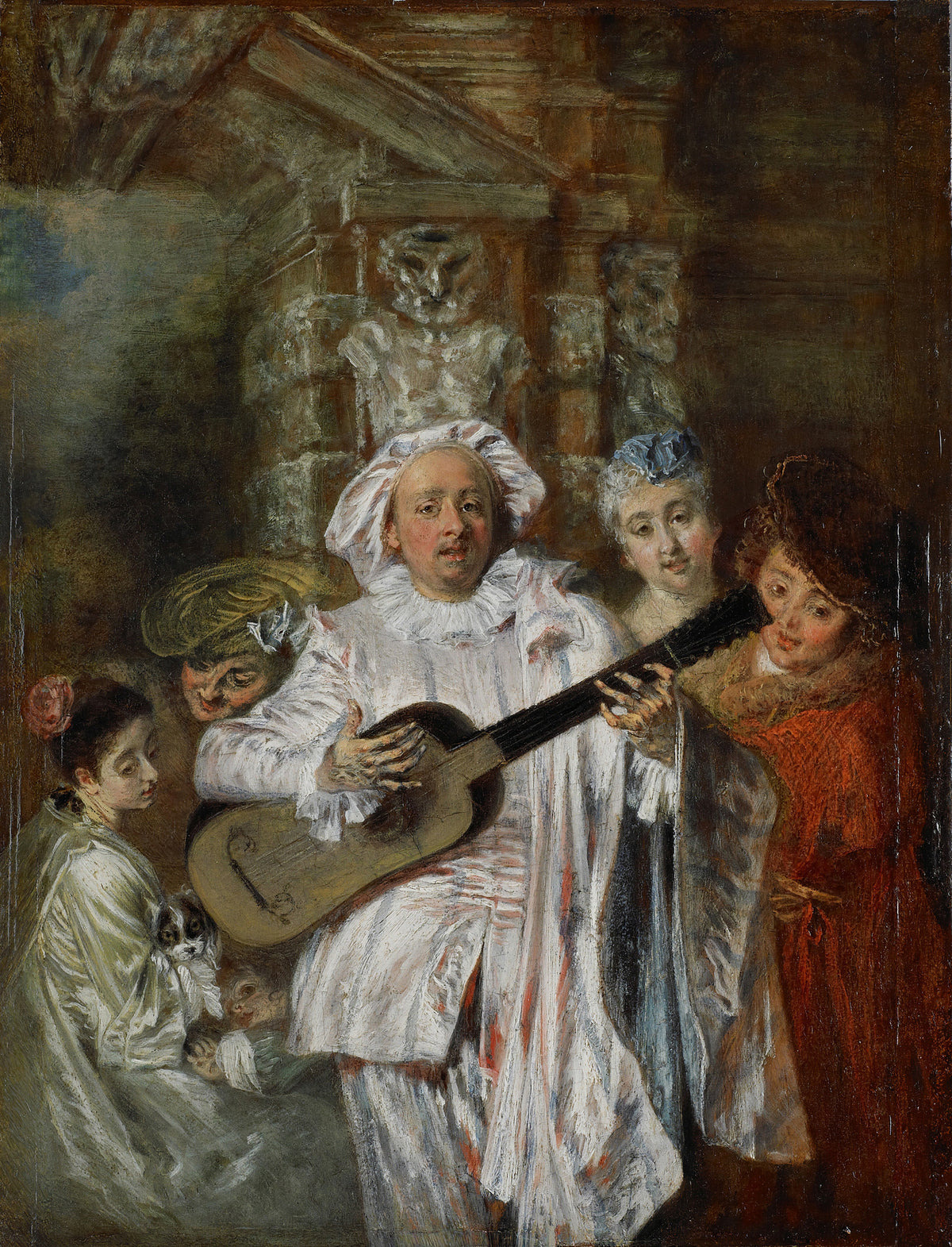 Sous un habit de Mezetin by Jean-Antoine Watteau — A guitarist in white satin plays among curious onlookers
