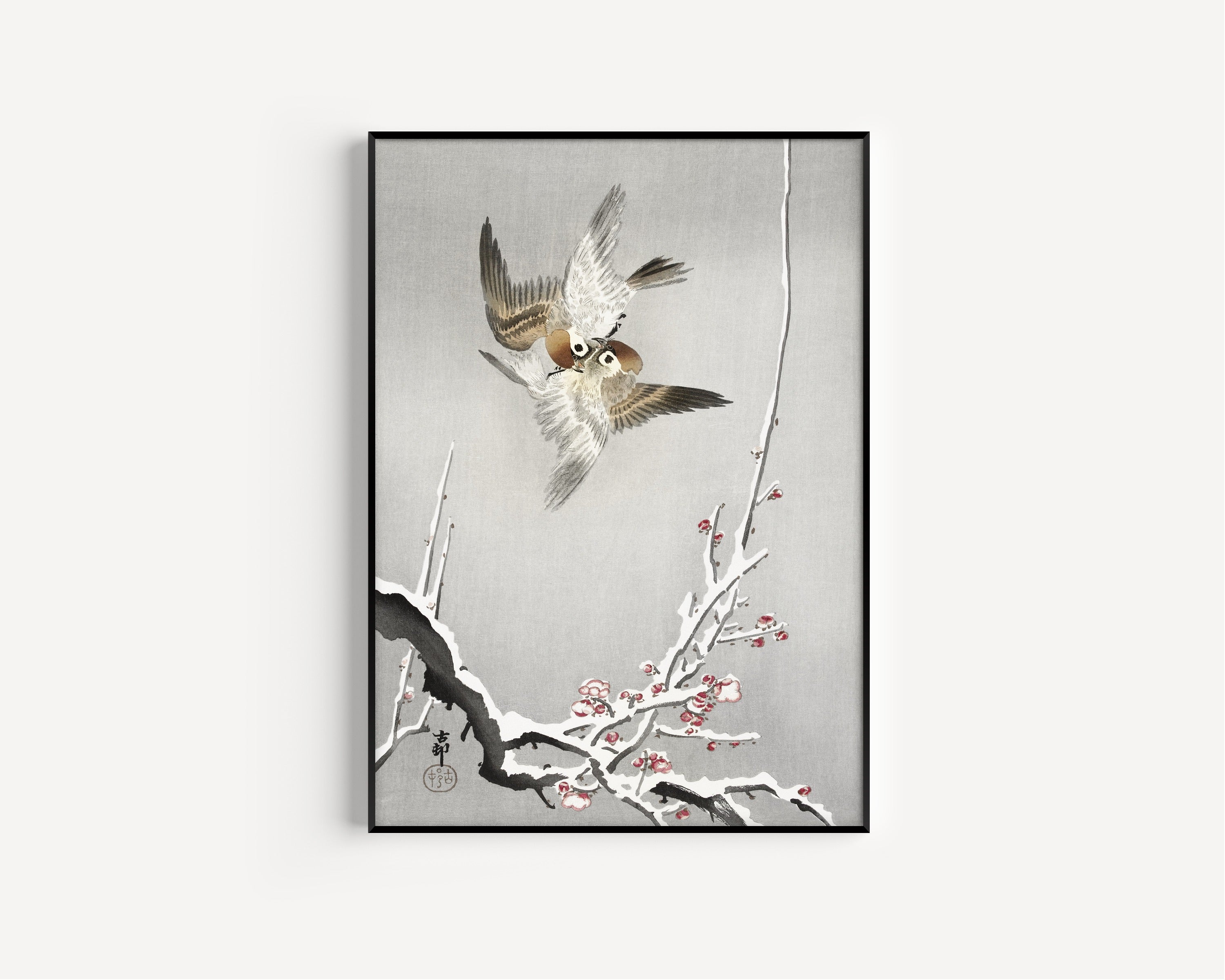 Ohara Koson — Sparrows and snowy plum tree | Japanese Bird & Flower Woodblock Print