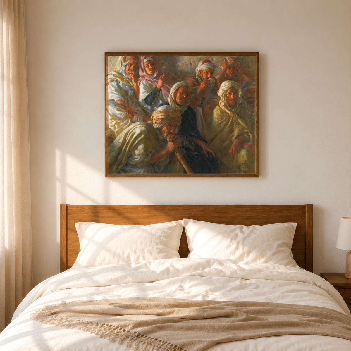 Framed art print of Spectateurs admirant une danseuse by Étienne Dinet, in a slim wood frame above a bed in a sunlit bedroom