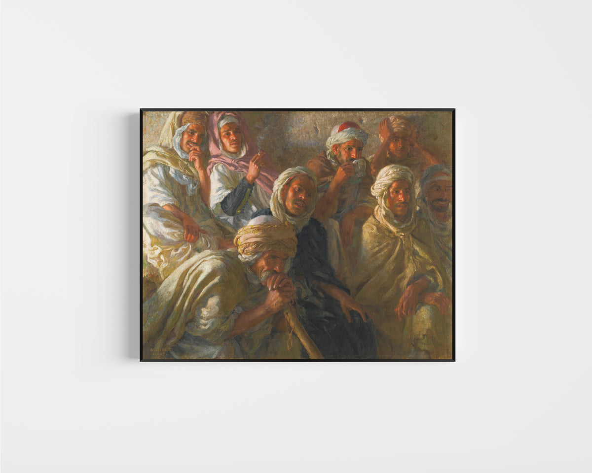 Framed art print of Spectateurs admirant une danseuse by Étienne Dinet, in a slim black frame on a plain white wall