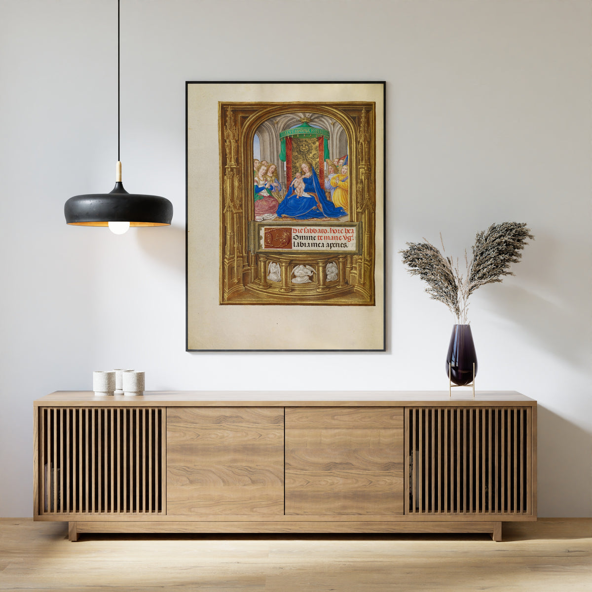 Framed art print of Spinola Hours: The Virgin and Child Enthroned by Master of James IV of Scotland, above a slatted wood sideboard
