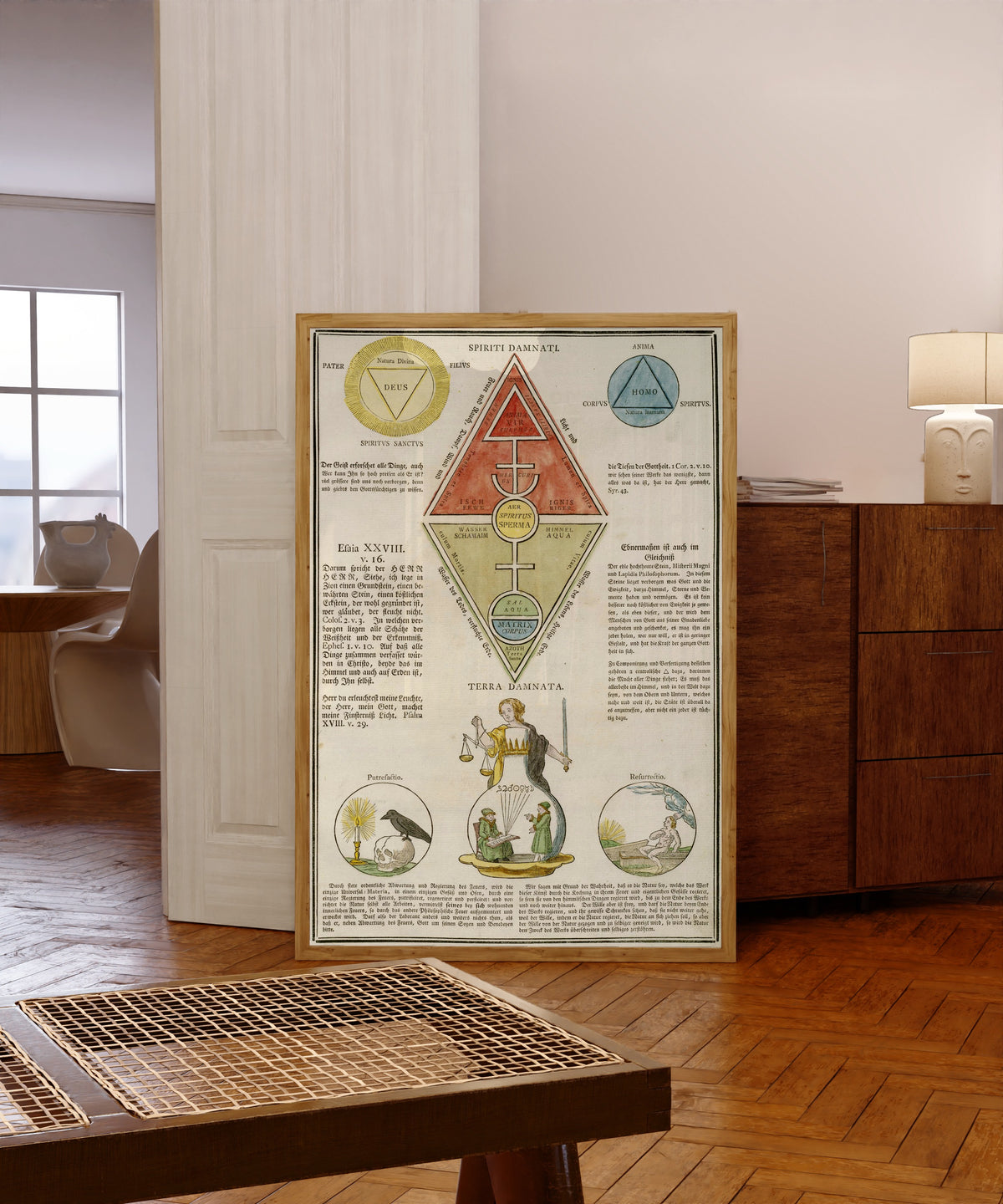 Framed art print of Spiriti Damnati and Terra Damnata: the Triangle and… by Unknown artist, in a light wood frame leaning in a warm room with a parquet floor