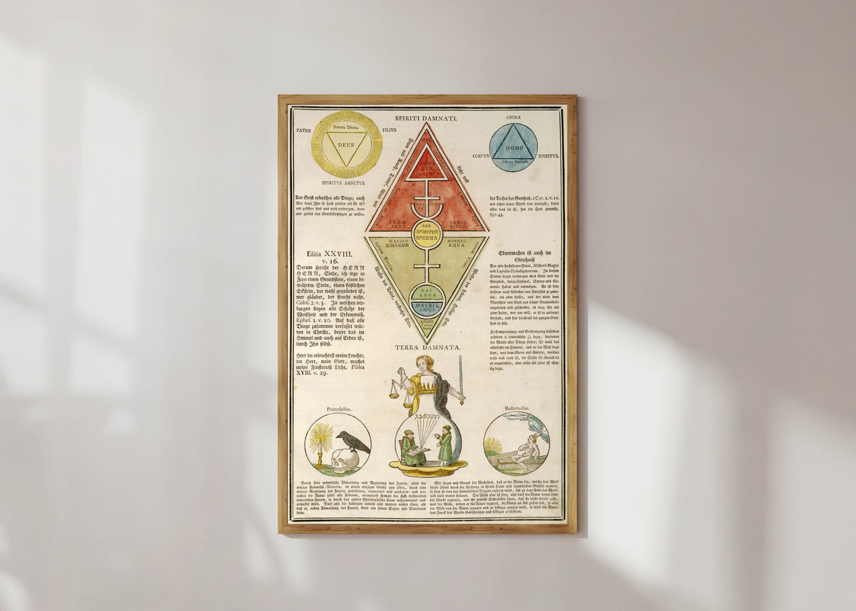 Framed art print of Spiriti Damnati and Terra Damnata: the Triangle and the Rhomb by Unknown artist, in a light wood frame on a sunlit white wall