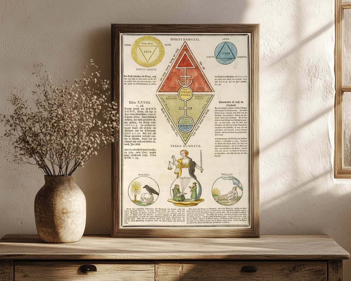 Framed art print of Spiriti Damnati and Terra Damnata: the Triangle… by Unknown artist, in a dark wood frame leaning on a rustic console beside dried flowers