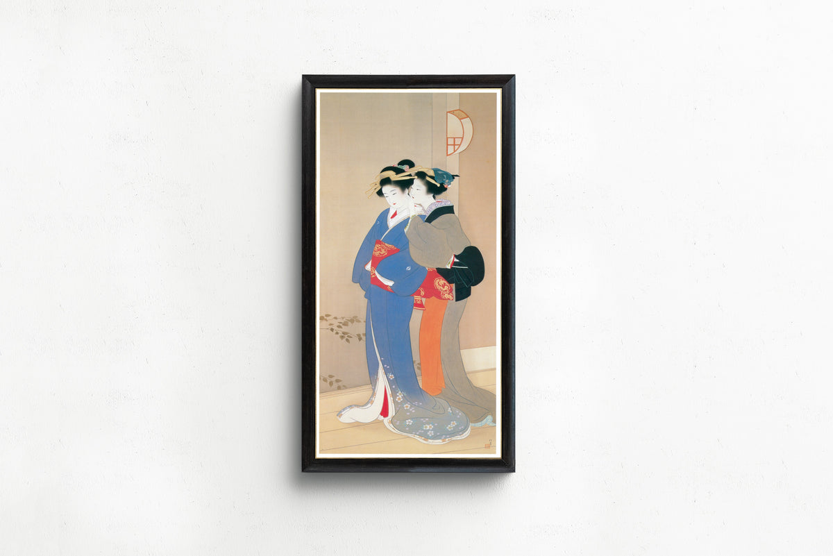 Spring Evening (Shunshō) by Uemura Shōen — shown framed on a wall