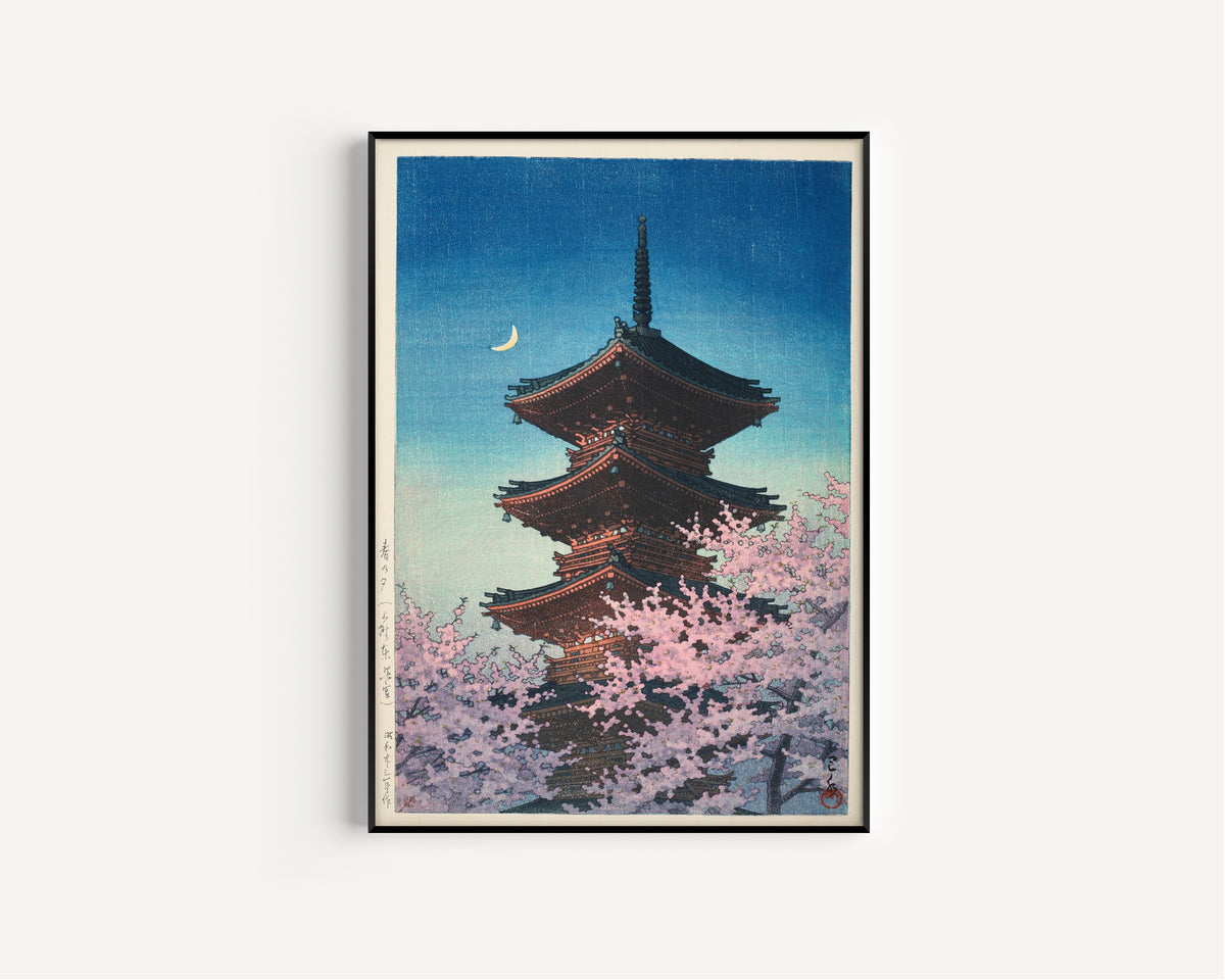 Framed art print of Spring Evening at Toshogu in Ueno by Kawase Hasui, in a slim black frame on a plain white wall