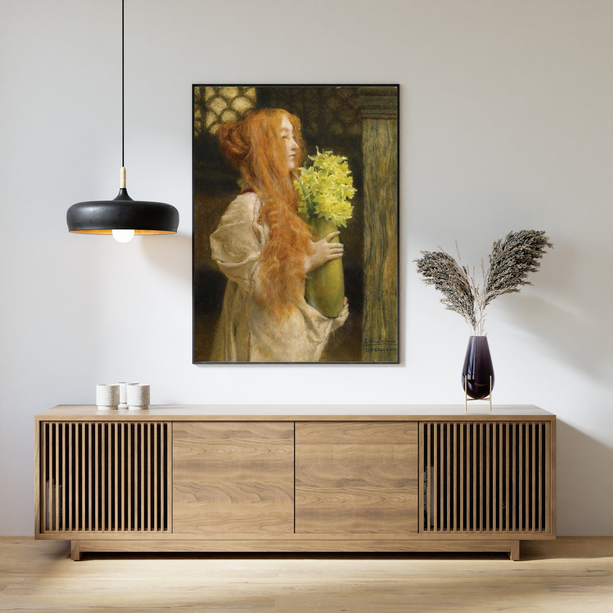 Framed art print of Spring Flowers by Lawrence Alma-Tadema, above a slatted wood sideboard