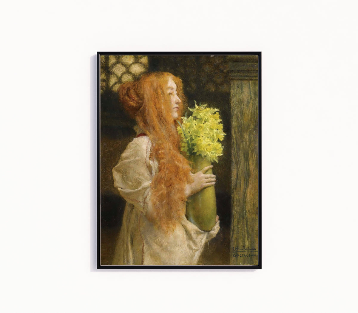 Framed art print of Spring Flowers by Lawrence Alma-Tadema, in a slim black frame on a plain white wall