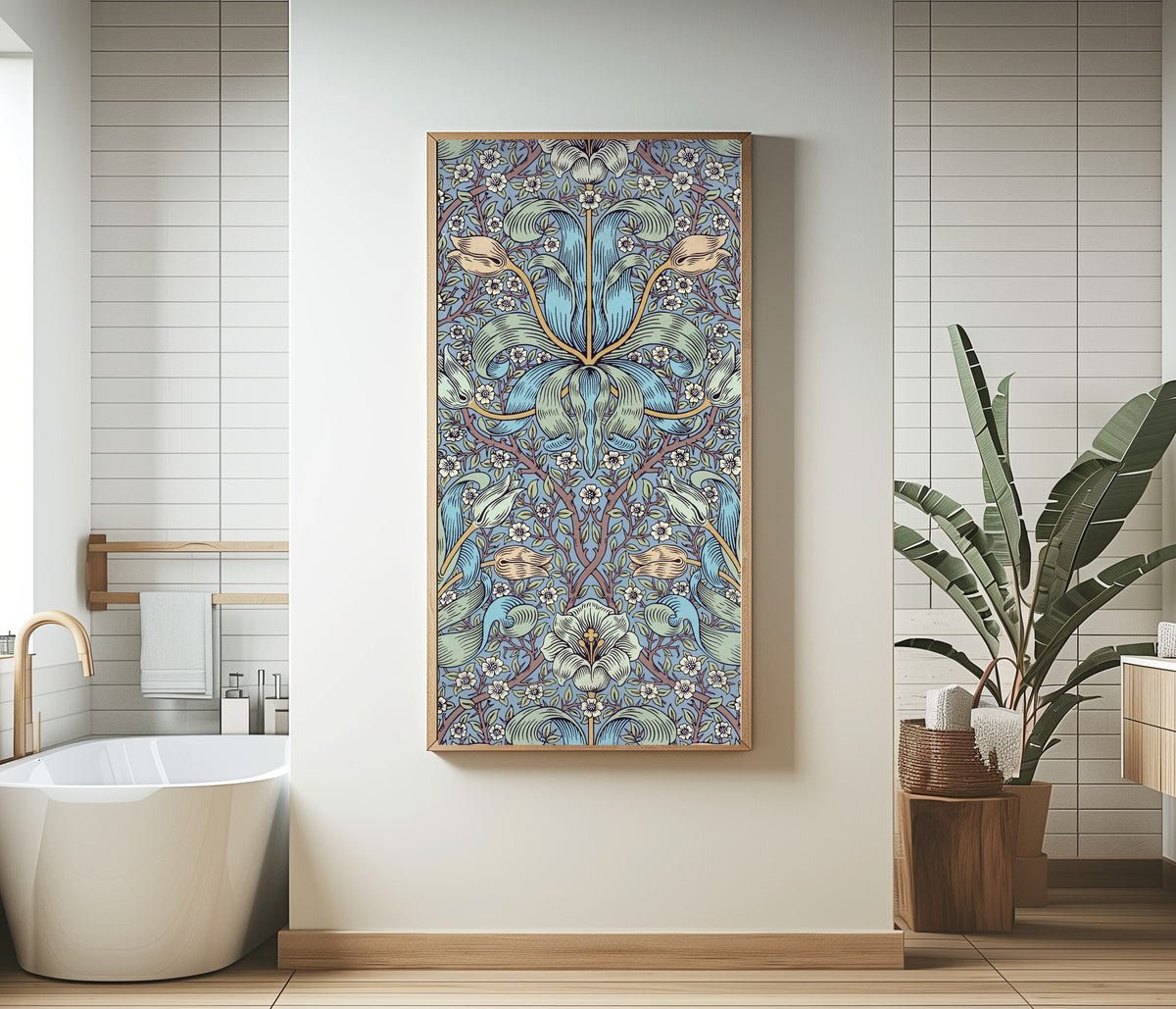 Framed art print of Spring Thicket by William Morris, in a bathroom beside a freestanding tub