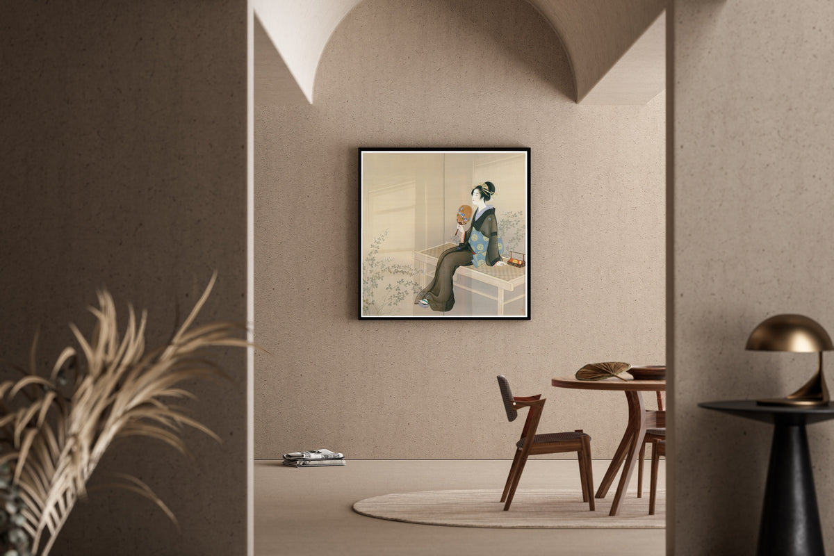 Spring and Autumn (right panel) by Uemura Shōen — shown framed on a wall