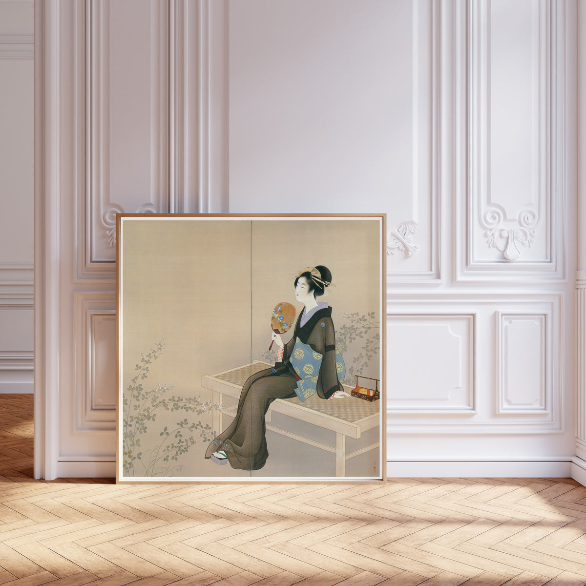Spring and Autumn (right panel) by Uemura Shōen — shown framed on a wall