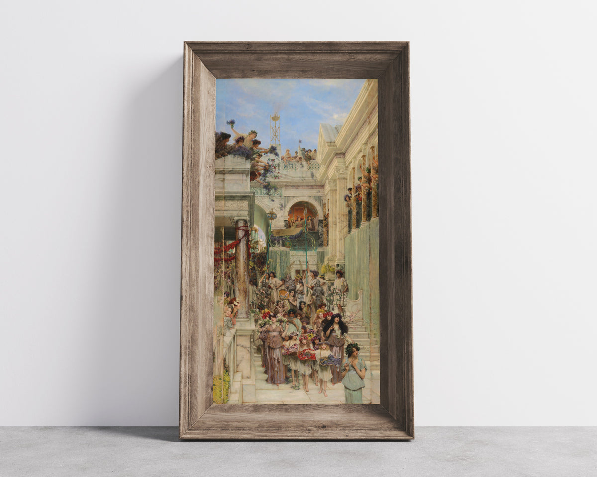 Framed art print of Spring by Lawrence Alma-Tadema, in a wide wooden frame leaning against a concrete wall