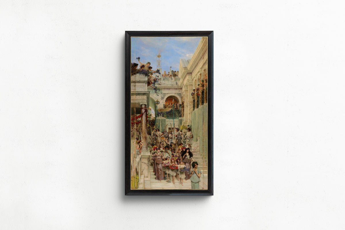 Framed art print of Spring by Lawrence Alma-Tadema, in a slim black frame on a plain white wall