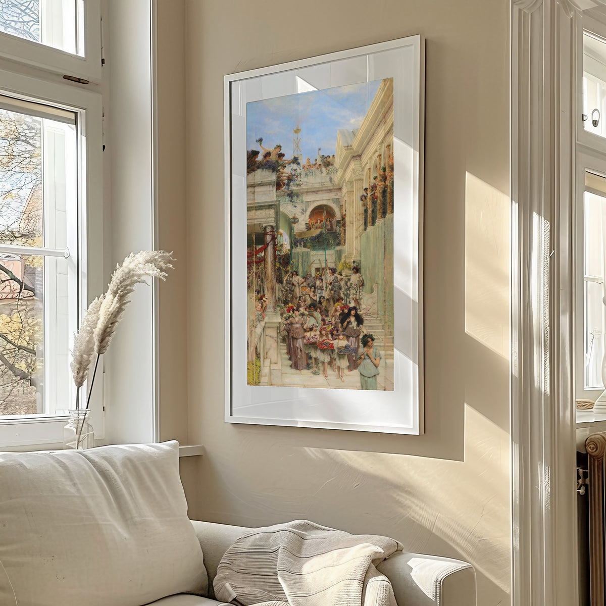 Framed art print of Spring by Lawrence Alma-Tadema, in a sunlit living room above a sofa