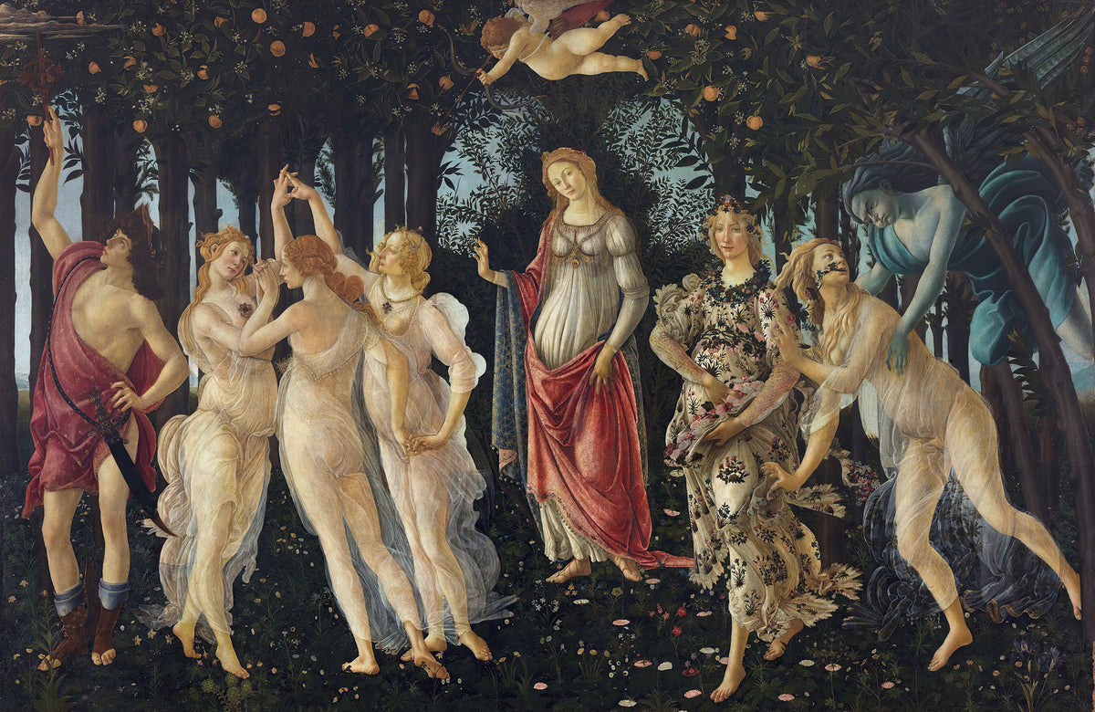 Spring by Sandro Botticelli — Nine figures in an orange grove, three dancing in sheer white