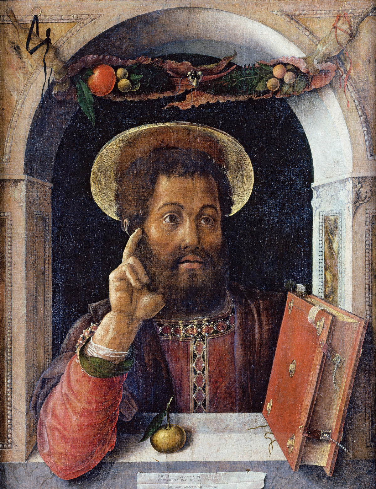 St Mark the Evangelist by Andrea Mantegna — A haloed evangelist at an arched window raises a finger by a red book