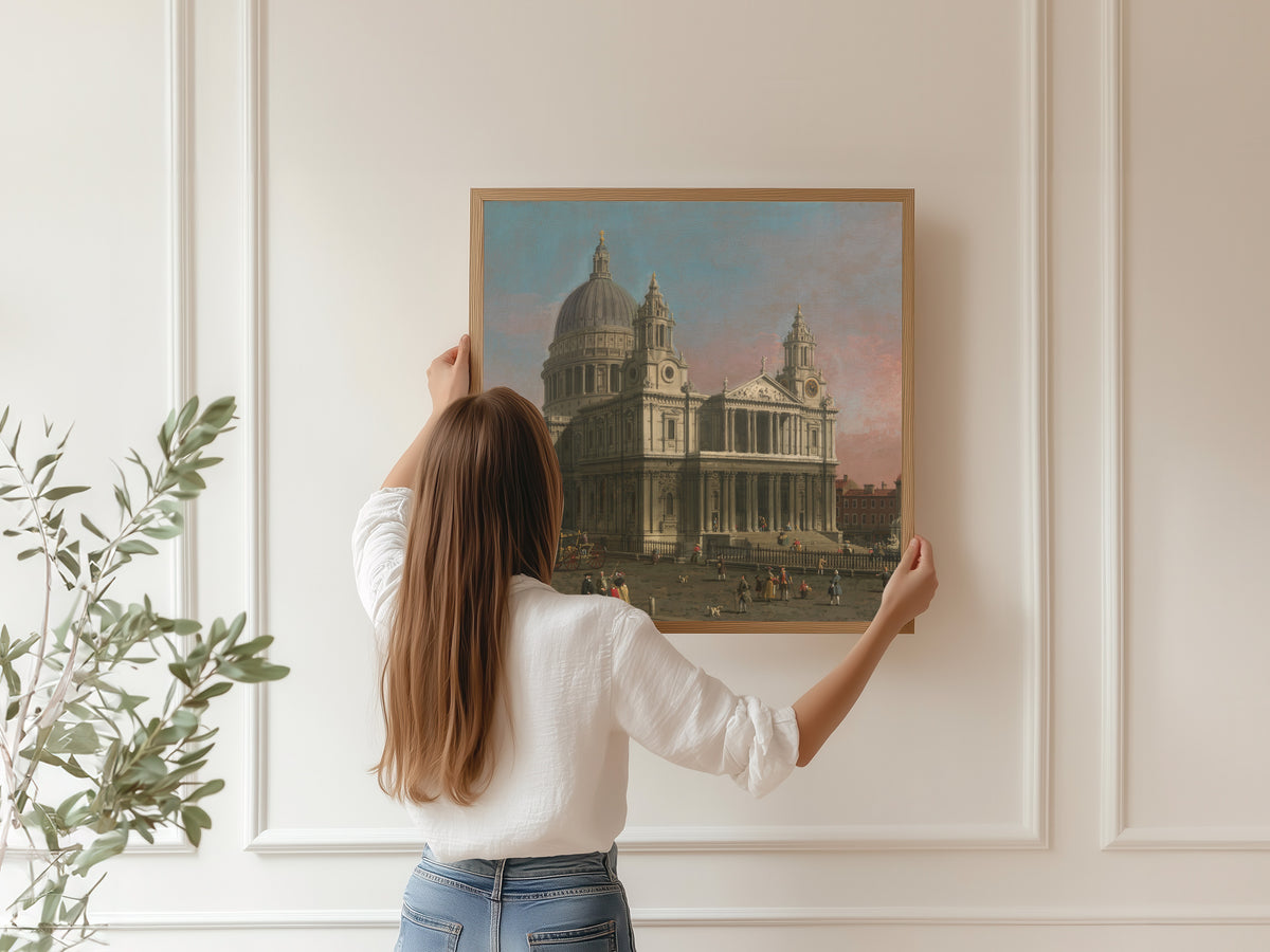 Framed art print of St. Paul’s Cathedral by Canaletto, hung on a panelled wall