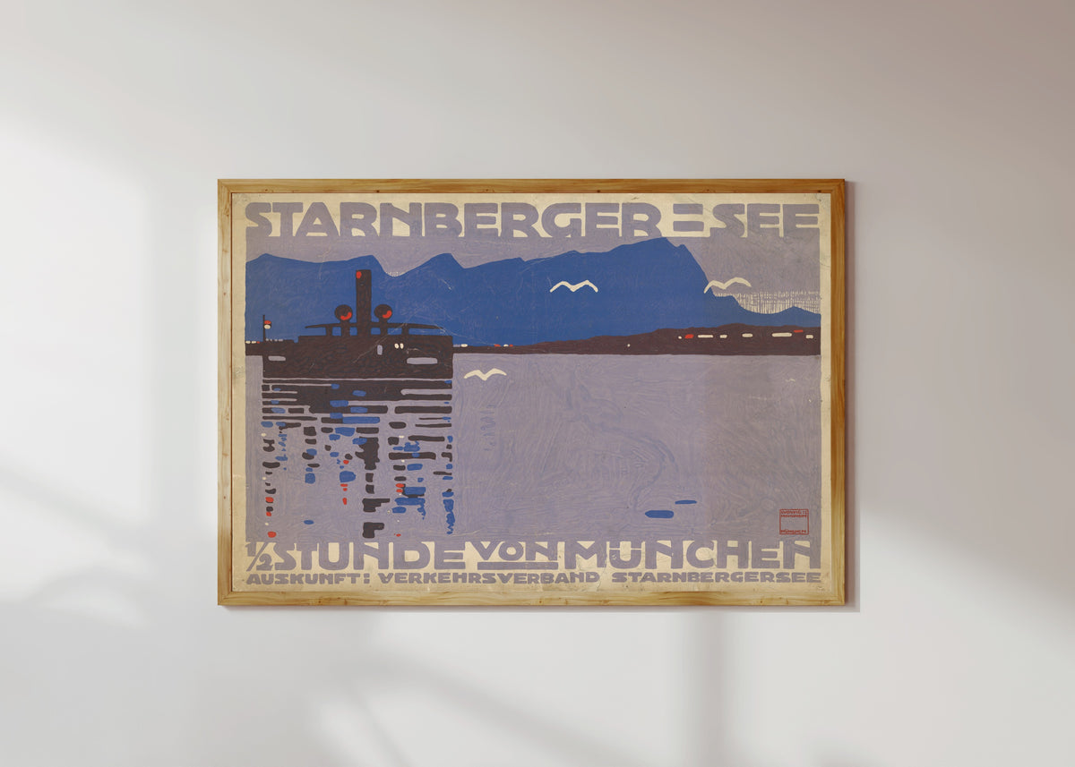 Framed art print of Starnberger See: ½ Stunde von München by Ludwig Hohlwein, in a light wood frame on a sunlit white wall