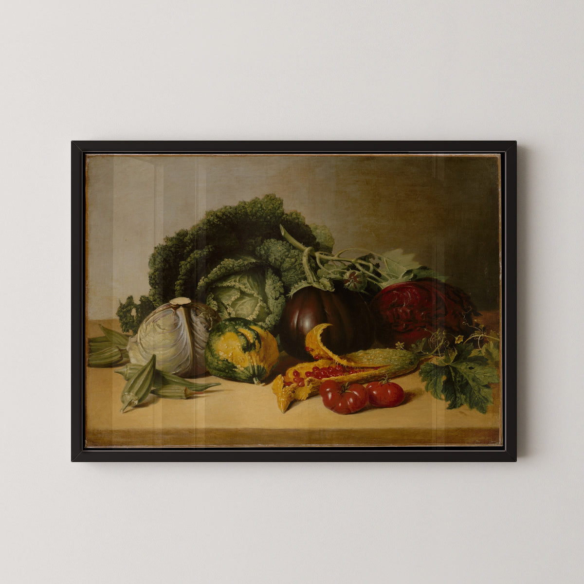 Still Life: Balsam Apple and Vegetables by James Peale — in a black frame on a pale wall