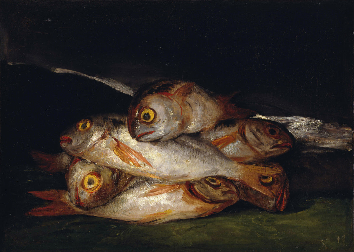 Still Life with Golden Bream by Francisco de Goya — A heap of silver bream with staring yellow eyes on a green ledge