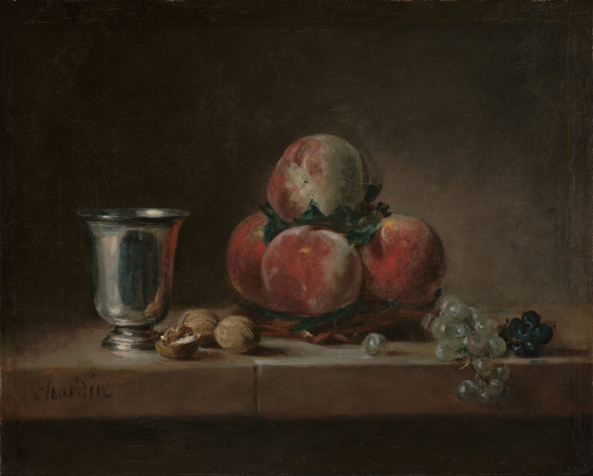 Still Life with Peaches, a Silver Goblet, Grapes, and Walnuts by Jean-Siméon Chardin — Peaches, walnuts and grapes beside a silver goblet on a stone ledge